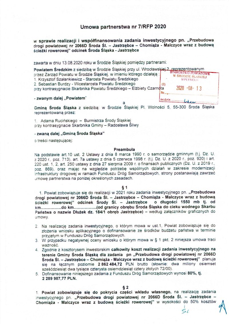 umowa partnerstwa miedzy powiatem a gmina z 13.08.2020 str. 1