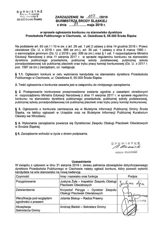 Ogłoszenie o konkursie na stanowisko dyrektora Przedszkola Publicznego w Ciechowie 1