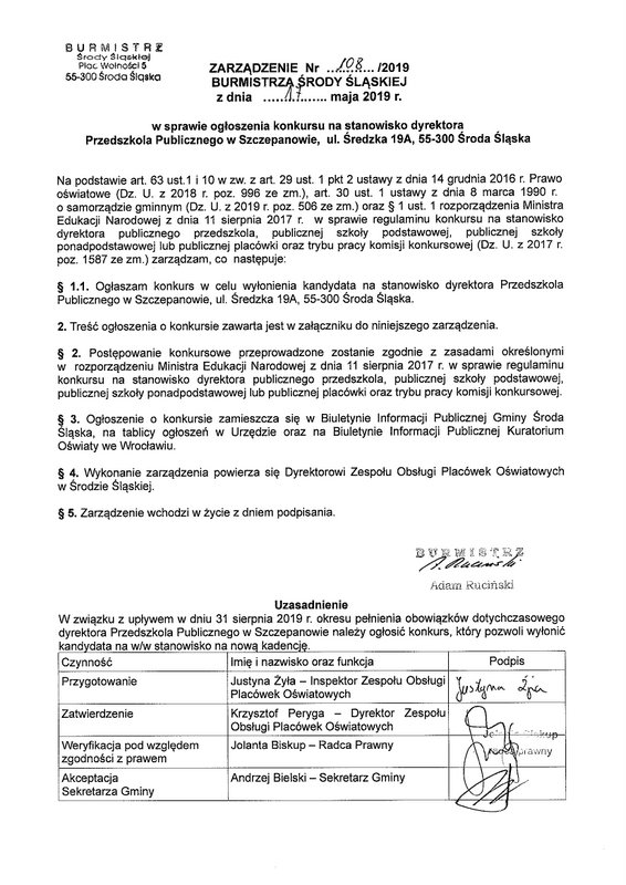 Ogłoszenie o konkursie na stanowisko dyrektora Przedszkola Publicznego w Szczepanowie 1