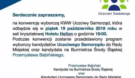 Zaproszenie na konwencję wyborczą KWW Uczciwy Samorząd