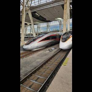 Two high-speed trains are stationed at a modern train station with large glass windows and a sleek design.