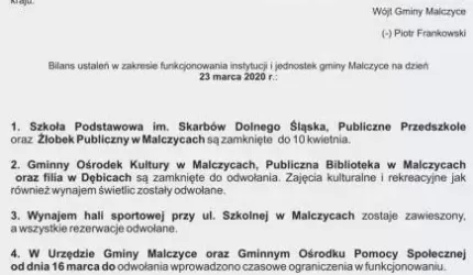 INFORMACJA wójta gminy Malczyce ws. funkcjonowania gminnych placówek