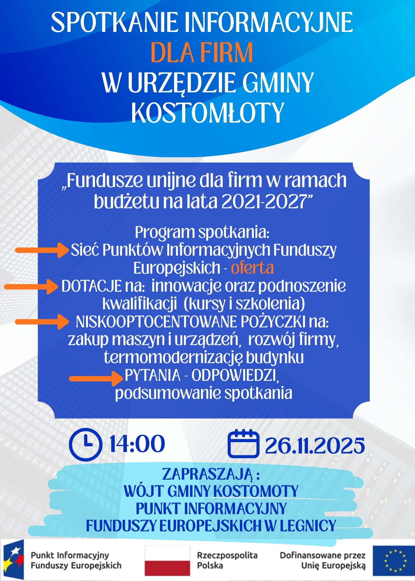 Spotkanie informacyjne dla firm w Urzędzie Gminy Kostomłoty „Fundusze unijne dla firm w ramach budżetu 2021–2027”