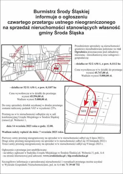 19 lipca czwarty przetarg ogrodnica dz. 52 2 i 52 11