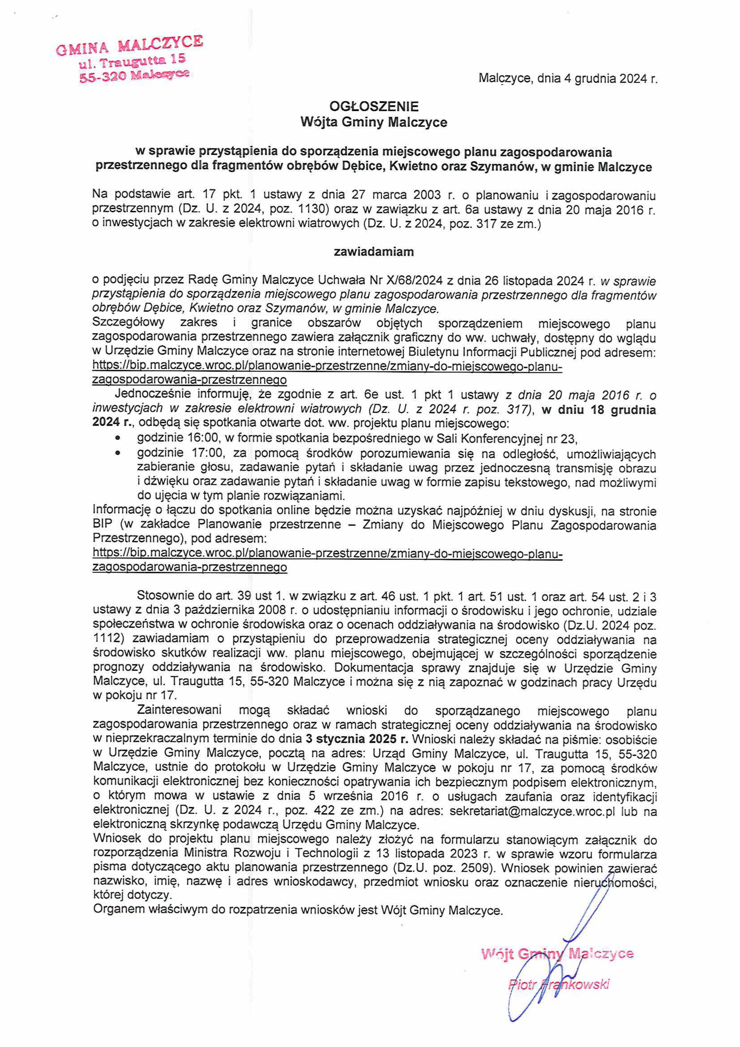 1 ogloszenie wojta gminy malczyce z 4 grudnia