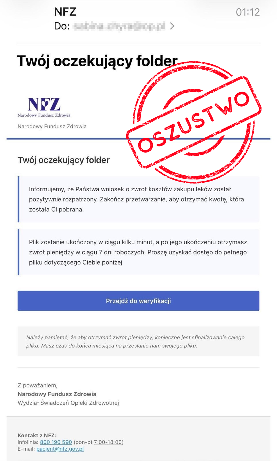 oszustwo na nfz screen wiadomosci