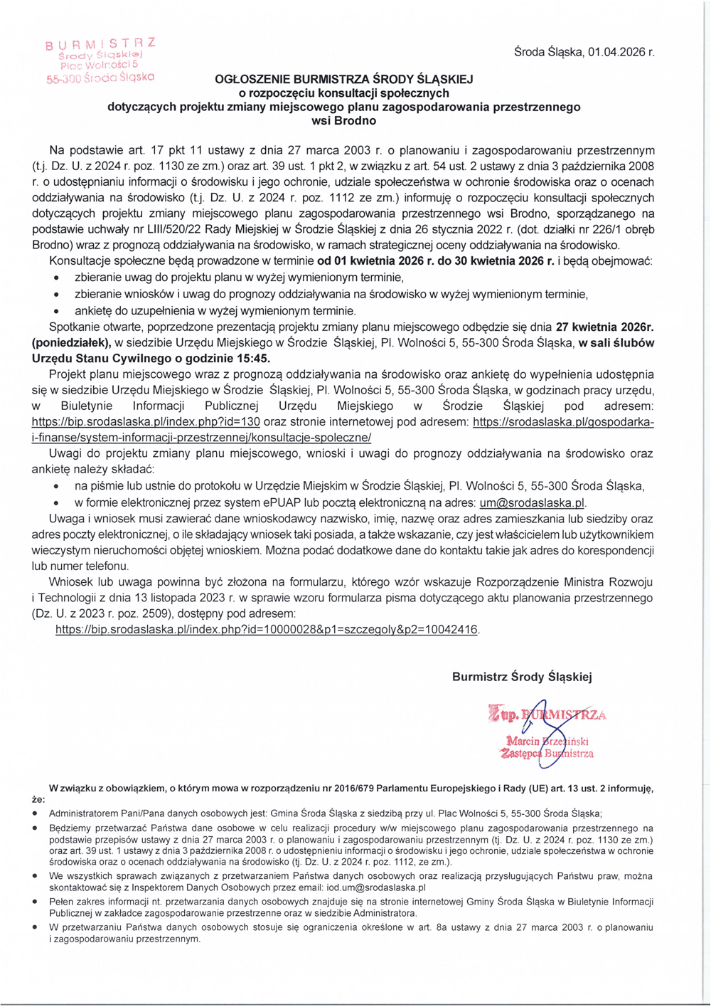 ogloszenie mpzp brodno 2026