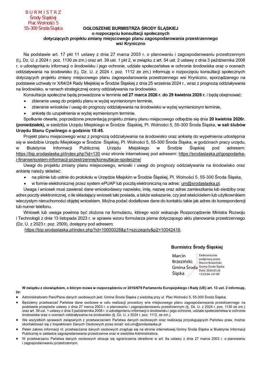 ogloszenie mpzp kryniczno 2026 konsultacje