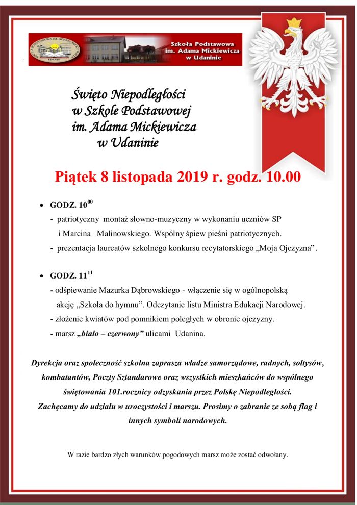 Zaproszenie do SP Udanin na Święto Niepodległości 1