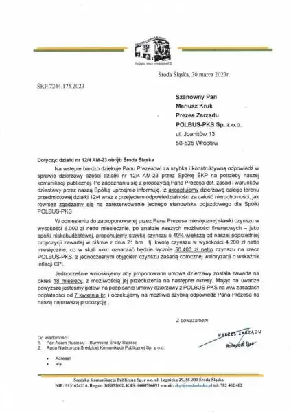 pismo do polbus dotyczy dzialki 12am 23 obreb sroda slaska