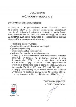 Informacja wójta gminy Malczyce ws. obsługi interesantów