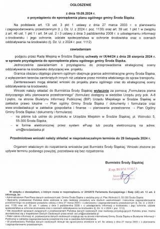 Ogłoszenie o przystąpieniu do sporządzenia planu ogólnego gminy Środa Śląska
