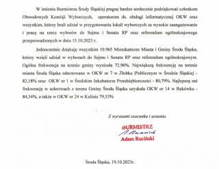 Podziękowanie dla członków Obwodowych Komisji Wyborczych i wszystkich głosujących