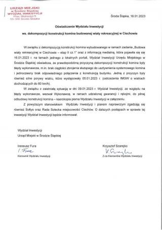 Oświadczenie Wydziału Inwestycji Urzędu Miejskiego