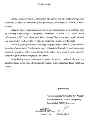Podziękowanie dla Dariusza Maciejewskiego