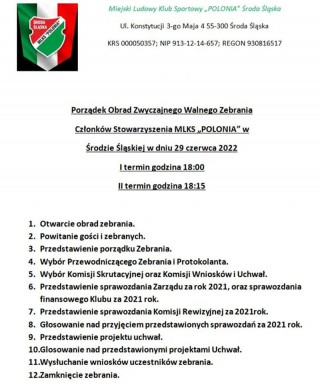 Walne Zebranie Członków Stowarzyszenia MLKS Polonia Środa Śląska