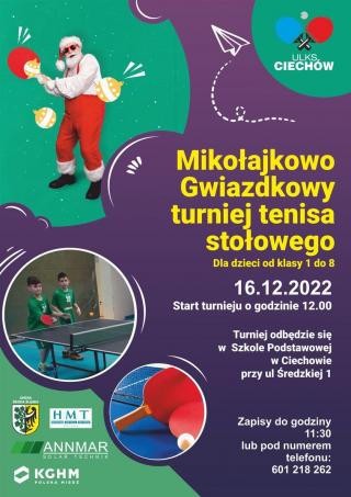 Zaproszenie na przedświąteczny turniej tenisa stołowego w Ciechowie