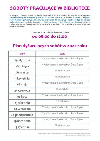 Nowość. Pracujące soboty w bibliotekach