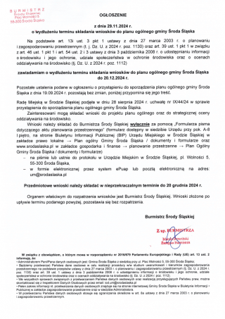 Wydłużenie terminu składania wniosków do planu ogólnego gminy Środa Śląska