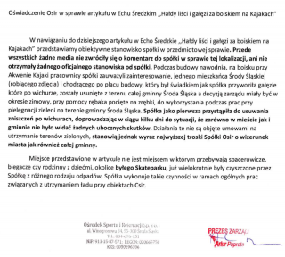 Oświadczenie spółki OSiR ws. artykułu 