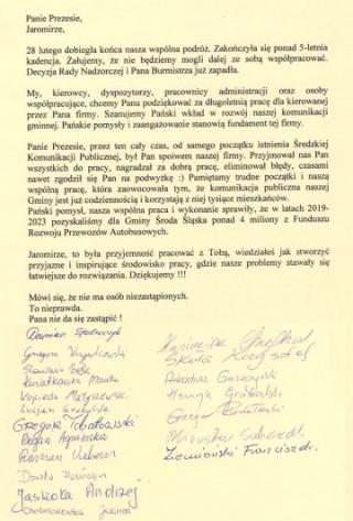Podziękowania dla dr inż. Jaromira Stawireja - byłego Prezesa Średzkiej Komunikacji Publicznej Sp. z o. o.