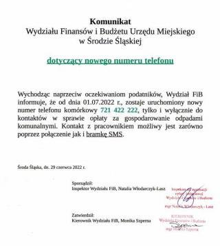 Komunikat Wydziału Finansów i Budżetu Urzędu Miejskiego