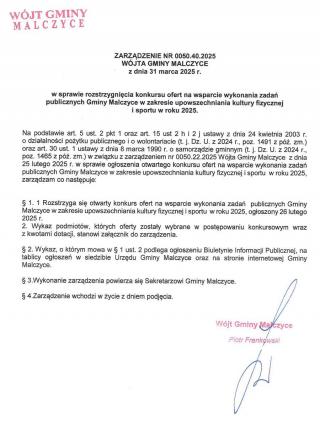 Wyniki konkursu na wsparcie kultury fizycznej i sportu w Gminie Malczyce