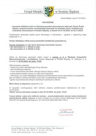 Ogłoszenie o terminie składania ofert na dzierżawę gruntów z przeznaczeniem na lokalizację stanowisk na sprzedaż zniczy i kwiatów