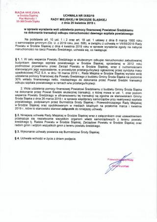 Decyzja Rady Miejskiej ws. pomocy finansowej dla Powiatu Średzkiego na odkup szpitala powiatowego