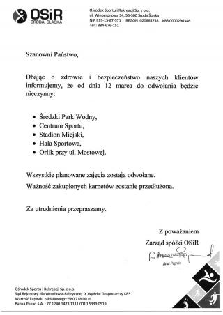 Informacja Ośrodka Sportu i Rekreacji w Środzie Śląskiej