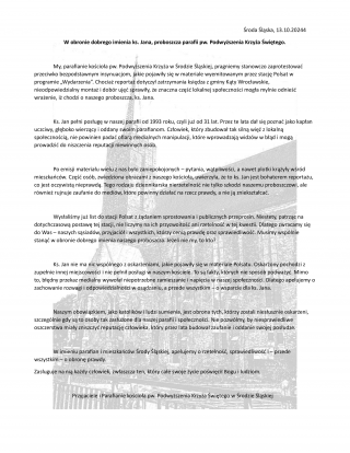 W obronie dobrego imienia ks. Jana, proboszcza parafii pw. Podwyższenia Krzyża Świętego (list)