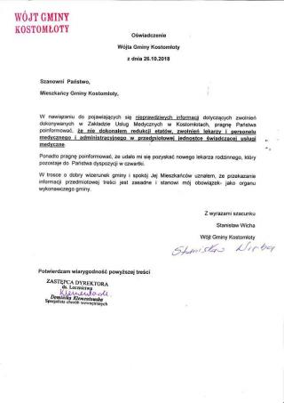 Oświadczenie wójta gminy Kostomłoty