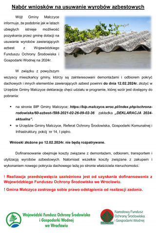 Gmina Malczyce: Nabór wniosków na usuwanie wyrobów azbestowych