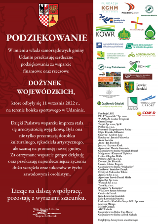 Wójt gminy Udanin dziękuje za wsparcie finansowe i rzeczowe Dożynek Wojewódzkich