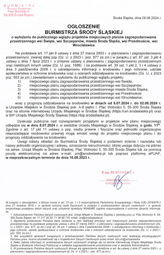 Ogłoszenie Burmistrza Środy Śląskiej o wyłożeniu do publicznego wglądu projektów MPZP