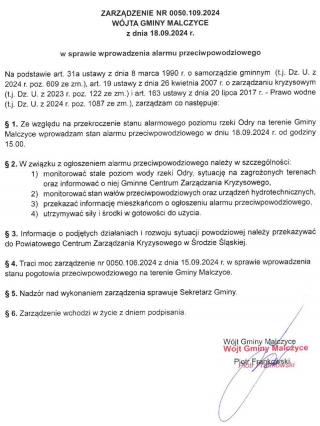 Alarm przeciwpowodziowy na terenie Gminy Malczyce!