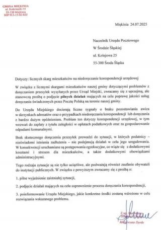 Urząd Miejski w Miękini interweniuje w sprawie opóźnień w doręczaniu korespondencji