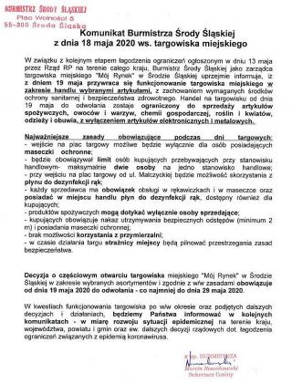 Komunikat Burmistrza Środy Śląskiej w sprawie targowiska miejskiego
