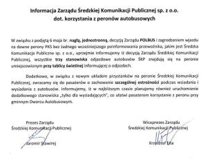 Informacja Zarządu Średzkiej Komunikacji Publicznej dot. korzystania z peronów autobusowych