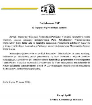 Podziękowania ŚKP za wsparcie w profilaktyce epidemii