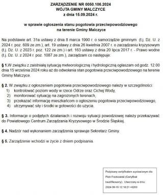 Wójt Gminy Malczyce ogłosił stan pogotowia przeciwpowodziowego!