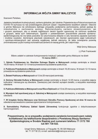 Informacja wójta gminy Malczyce w sprawie funkcjonowania gminnych placówek