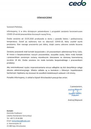 Oświadczenie firmy Cedo ws. zakażenia jednego z pracowników koronawirusem