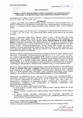 Ogłoszenie o podjęciu w gminie Wądroże Wielkie uchwały o przystąpieniu do sporządzenia planu miejscowego, na podstawie którego ma być lokalizowana elektrownia wiatrowa