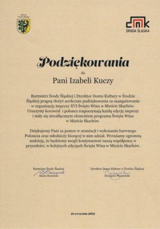 Podziękowania dla Pani Izabeli Kuczy