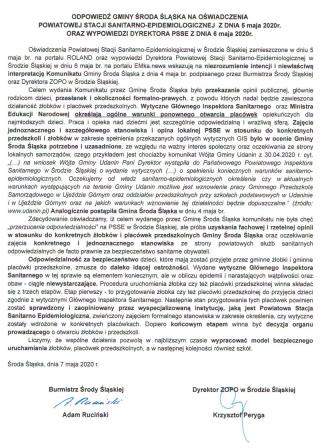 Odpowiedź gminy Środa Śląska na oświadczenie Powiatowej Stacji Sanitarno – Epidemiologicznej w Środzie Śląskiej
