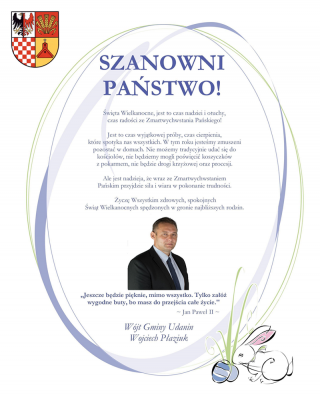 Z okazji Świąt Wielkiej Nocy życzenia składa Wójt Gminy Udanin