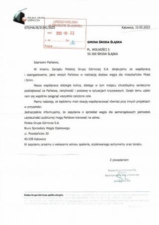 Zarząd PGG  dziękuje średzkiej gminie za współpracę przy zakupie węgla
