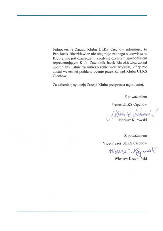 stanowisko klubu ulks ciechow w sprawie publikacji z dnia 08.12.2020 2