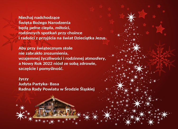 Ciepła i miłości na Święta oraz zdrowia i pomyślność w Nowym Roku życzy radna Judyta Partyka - Basa
